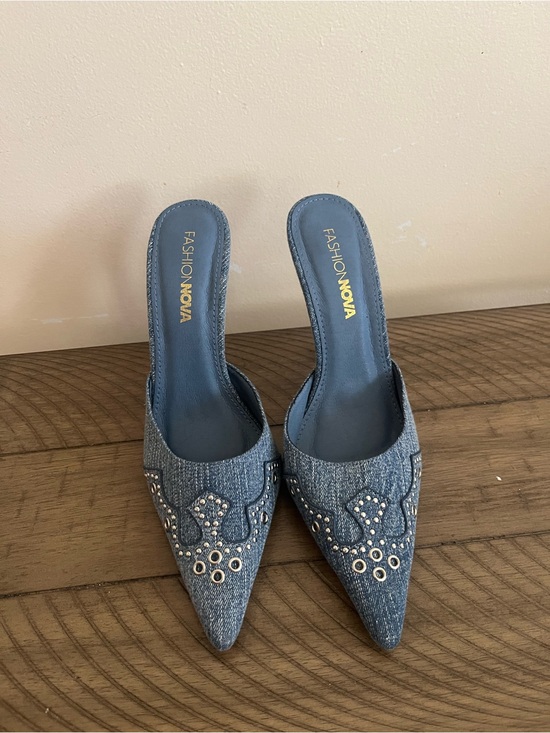 Fashion Nova Shoes - Fashion Nova Denim Pointed Mule Heels with Stud & Eyelet Accents